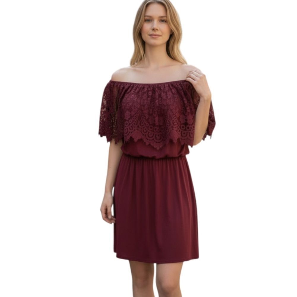 J FOR JUSTIFY BURGUNDY LACE OFF-THE-SHOULDER DRESS SZ.S EUC.